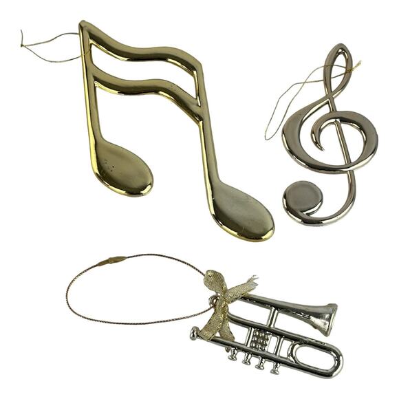 Gold Musical Theme Christmas Tree Ornaments Set Of 3 Notes Treble Clef Trumpet - Picture 7 of 9